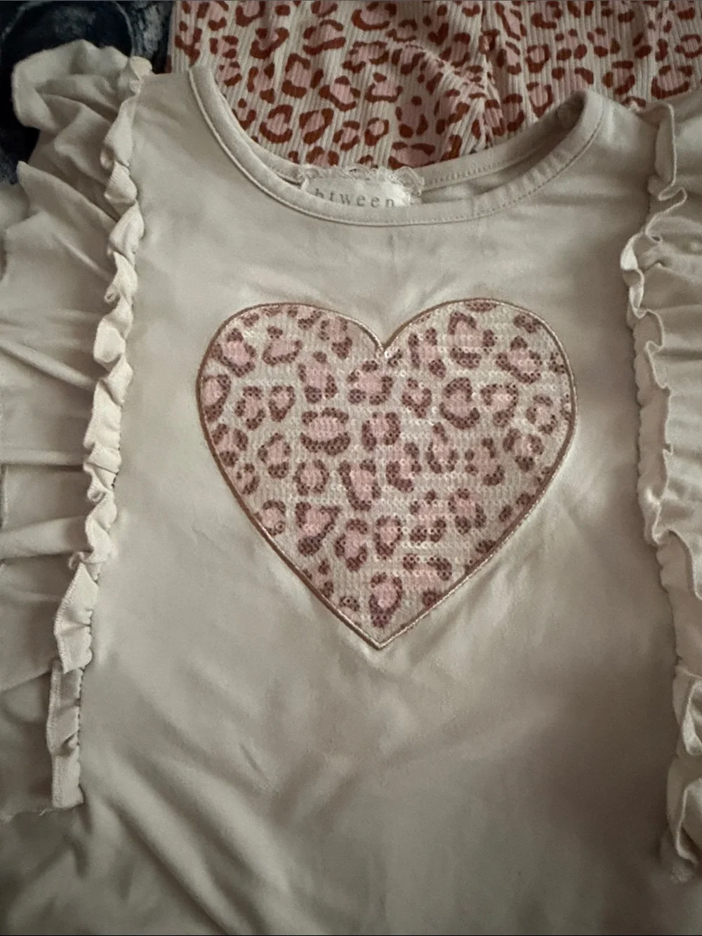 Girls Cream Heart Ruffle Top & Pink Leopard Print Pants Set